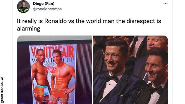 A picture of Didier Drogba and Cristiano Ronaldo in underpants, next to a picture of Robert Lewandowski and Lionel Messi smiling.