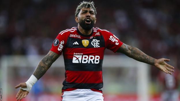Flamengo striker Gabriel Barbosa reacts