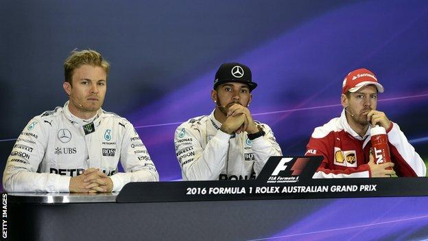 Nico Rosberg, Lewis Hamilton and Sebastian Vettel