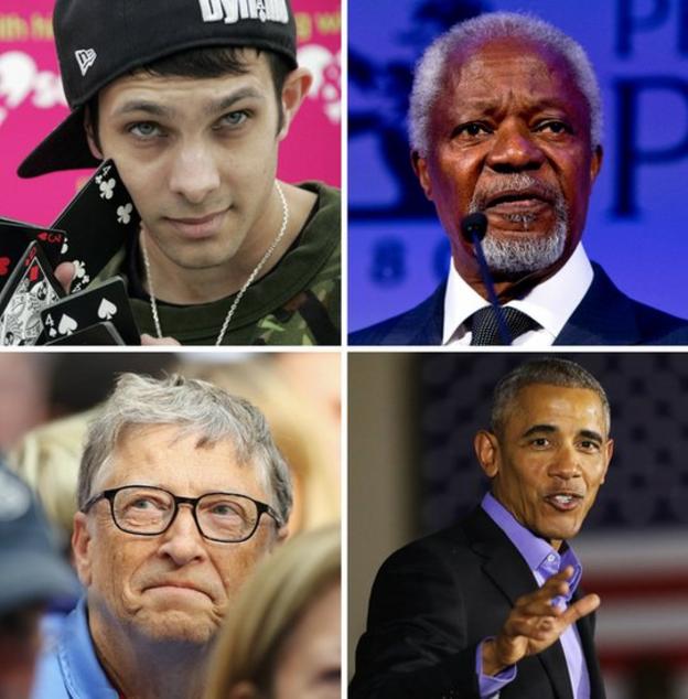 Clockwise from left: Dynamo the magician; Kofi Annan, Barack Obama and Bill Gates