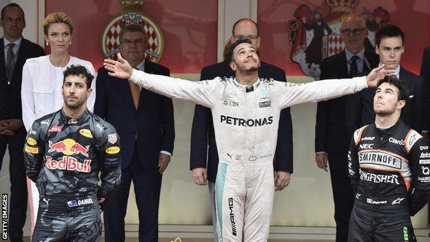 Monaco, Monte Carlo. 23rd May, 2021. Race trophy presenters on the podium.  23.05.2021. Formula 1 World Championship, Rd 5, Monaco Grand Prix, Monte  Carlo, Monaco, Race Day. Photo credit should read: XPB/Press