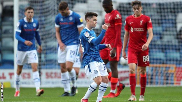 Liam Kelly of Rochdale celebrates after scoring a goal