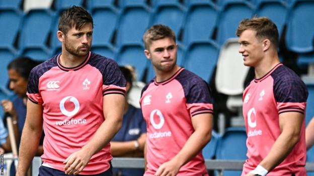 Ross Byrne, Jack Crowley and Josh van der Flier pictured at training