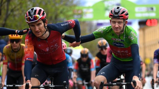 Geraint Thomas and Tao Geoghegan Hart astatine  the Tour of the Alps