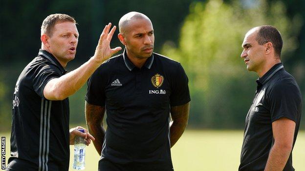 Graeme Jones (left) assisted Belgium boss Roberto Martinez (right) alongside Thierry Henry (centre) from 2016 until this summer's World Cup