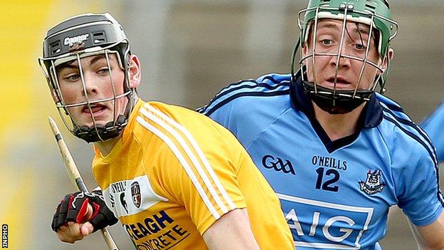 Antrim’s Gerard Walsh in action against Daire Gray of Dublin