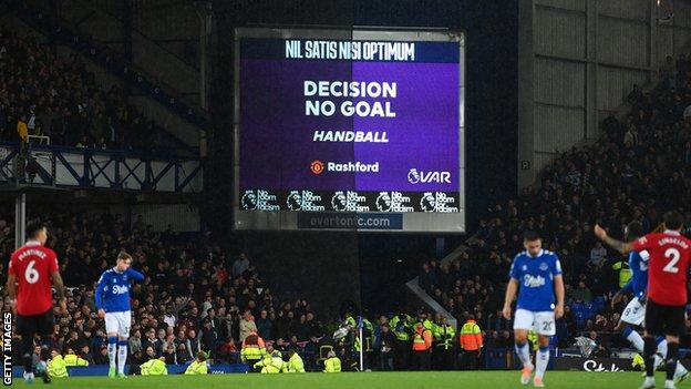 A big screen at Goodison Park showing that Marcus Rashford's goal had been disallowed