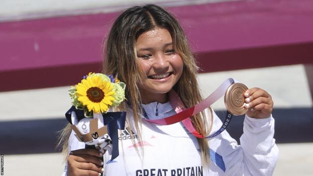 Team GB's Sky Brown celebrates after winning her Olympic bronze medal in skateboarding