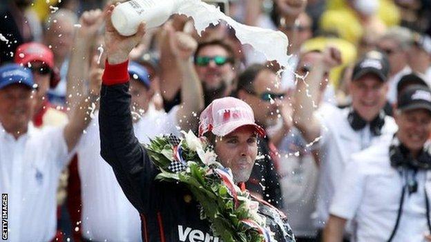 Australian Will Power won the event in 2018 - and celebrated with some milk in the traditional fashion