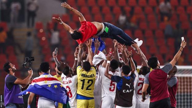 Cape Verde forward Ryan Mendes celebrates after scoring his team's first goal from the penalty spot during the Africa Cup of Nations (Afcon) 2023 round of 16 football match between Cape Verde and Mauritania