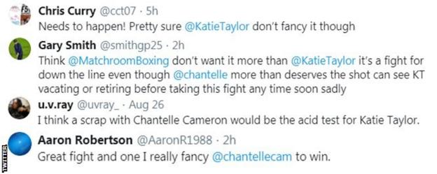 Boxing fans on Twitter saying they would like to see Chantelle Cameron get a world-title shot against Katie Taylor