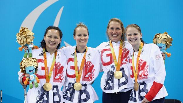 Alice Tai poses with Great Britain team-mates Claire Cashmore, Stephanie Millward and Stephanie Slater after they gold in the women's 4x100m medley relay at the 2016 Rio Paralympics