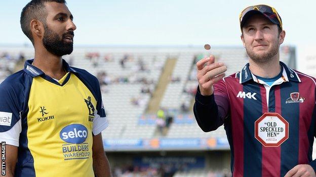 Northamptonshire captain Alex Wakely tosses the coin alongside Birmingham captain Varun Chopra before the NatWest T20 Blast semi-final in August 2015
