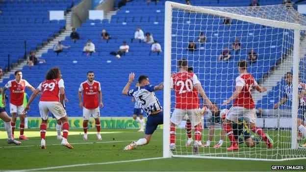 Lewis Dunk scored three Premier League goals in 2019-20, including in a 2-1 win over Arsenal in June