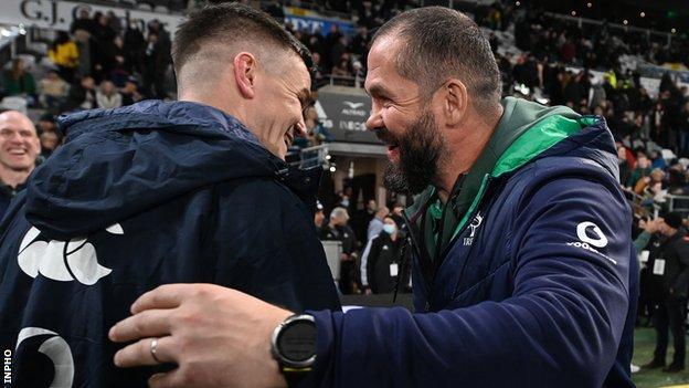 Ireland captain Johnny Sexton celebrates the first of his side's recent Test wins over New Zealand with head coach Farrell