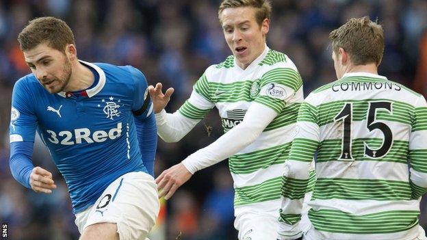 Rangers' Kyle Hutton is challenged by Celtic's Stefan Johansen and Kris Commons