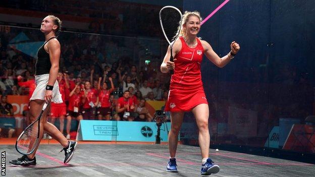 Gina Kennedy celebrates the victory of Canada's Holly Naughton