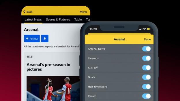 Un graphique montrant des captures d'écran de la page d'Arsenal et du menu des notifications dans l'application BBC Sport