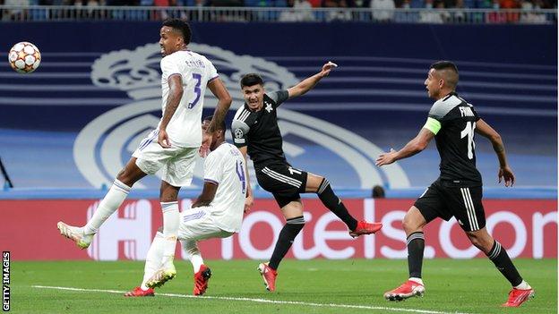 Jasurbek Yakhshiboev scores for Sheriff against Real Madrid