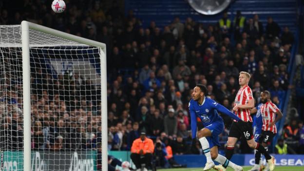 Pierre-Emerick Aubameyang watches a shot go over the crossbar against Brentford