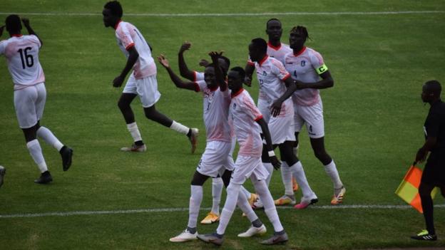 South Sudan's players celebrate their goal against Uganda