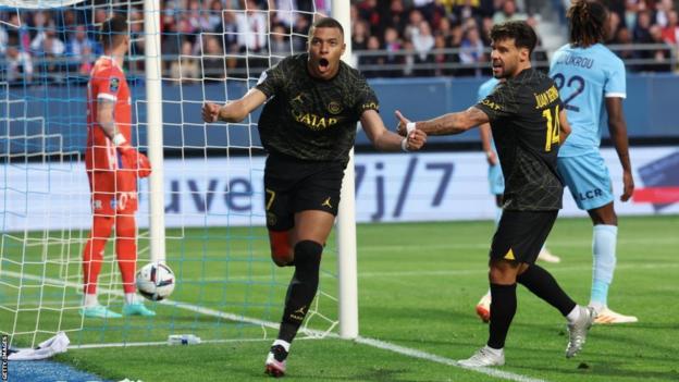 Kylian Mbappe celebrates his goal for Paris St-Germain