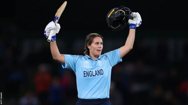 Nat Sciver celebrating her century v Australia in the World Cup final