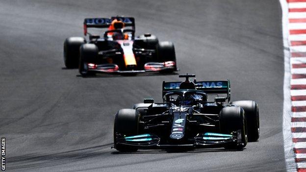 Lewis Hamilton leads Max Verstappne at the Portuguese GP