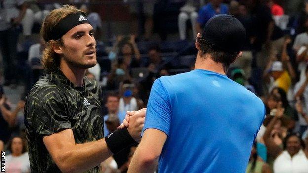 Andy Murray and Stefanos Tsitsipas shake hands after their US Open match