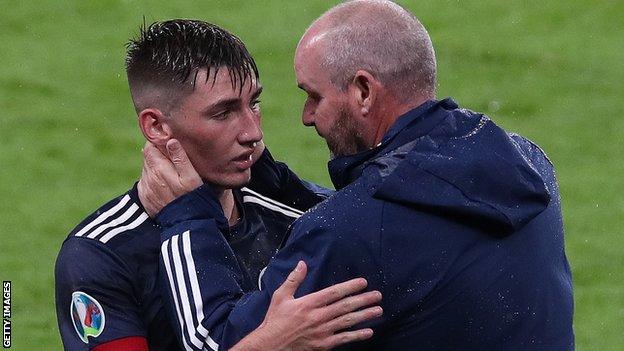 Steve Clarke hugging Billy Gilmour