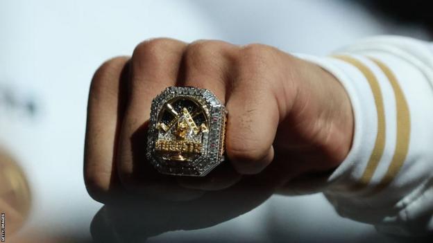 The championship ring which was presented to the Nuggets squad