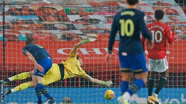 Alex McCarthy dives but concedes a goal against Manchester United