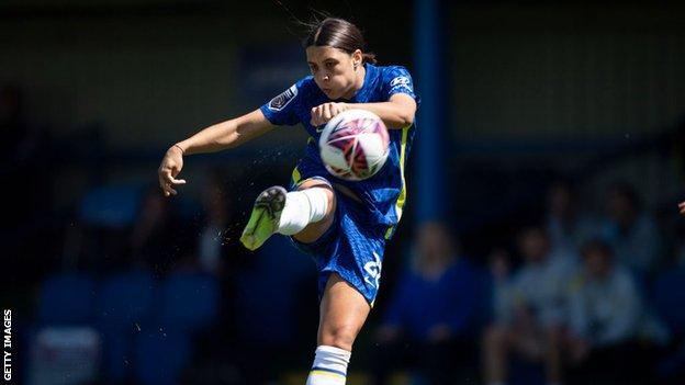 Sam Kerr scores during the Women's Super League match between Chelsea and Manchester United