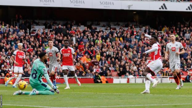 Eddie Nketiah scores the opening goal for Arsenal against Sheffield United at the Emirates Stadium