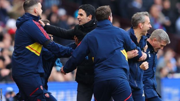 Arsenal boss Mikel Arteta celebrates Arsenal scoring at Aston Villa