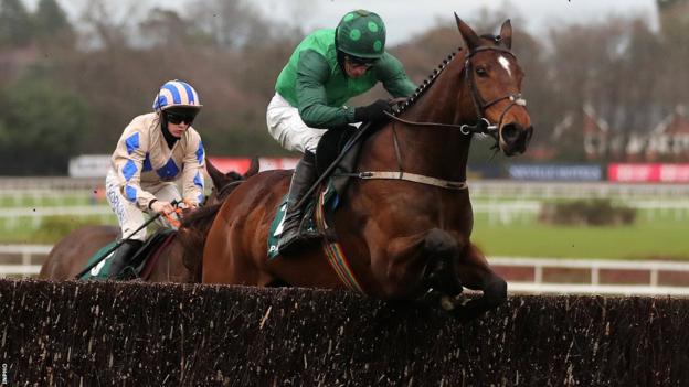 Daryl Jacob and Blue Lord jump the last fence in Tuesday's big race at Leopardstown