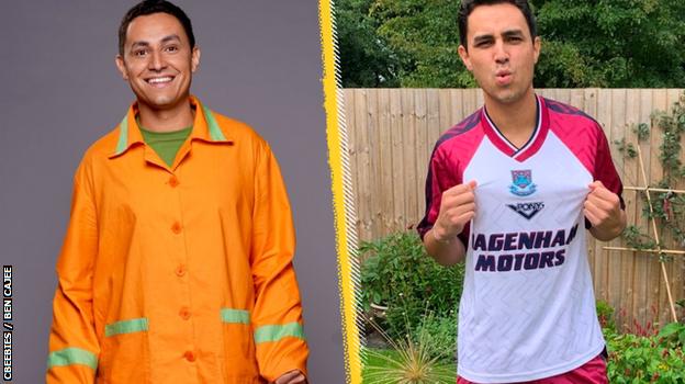 Ben Cajee as Jack in The Night Before Christmas (l) and wearing his dad's 1990s West Ham shirt