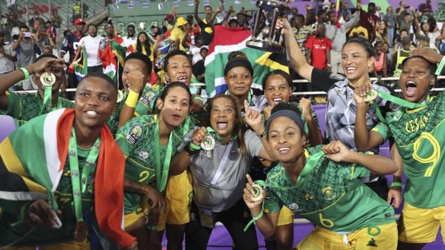 Members of South Africa's victorious Women's Africa Cup of Nations side show off their medals