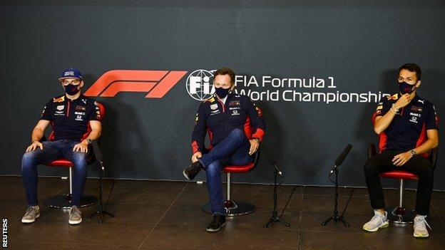 Max Verstappen, Christian Horner and Alex Albon