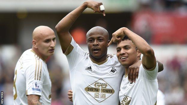 Swansea have added Andre Ayew (C) to a talented squad containing the likes of Jonjo Shelvey (L) and Jefferson Montero