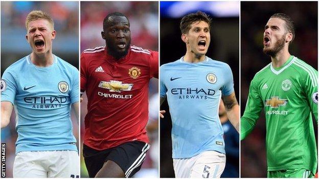 Kevin De Bruyne, Romelu Lukaku, John Stones and David de Gea in a collage picture