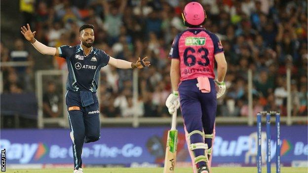 Hardik Pandya celebrating the wicket of Jos Buttler