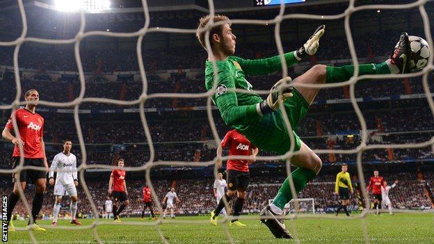 Manchester United's David de Gea makes a save against Real Madrid