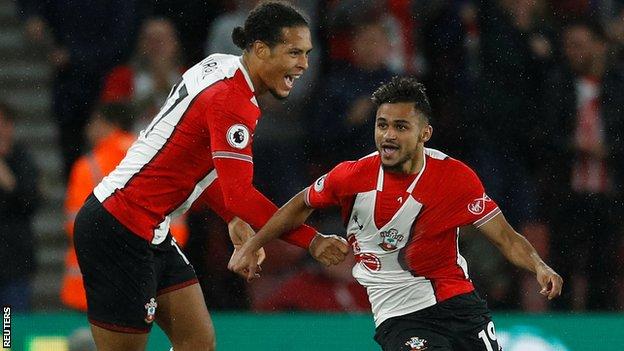 Man of the match Sofiane Boufal celebrates his winner against West Brom with team-mate Virgil van Dijk