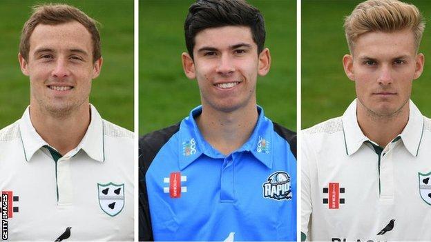 Worcestershire fast bowlers Charlie Morris (left), Pat Brown and Adam Finch