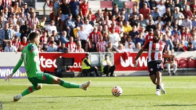 Bryan Mbeumo scoring for Brentford against Bournemouth