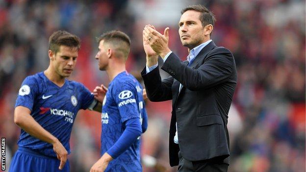 Chelsea manager Frank Lampard applauds fans after defeat at Manchester United