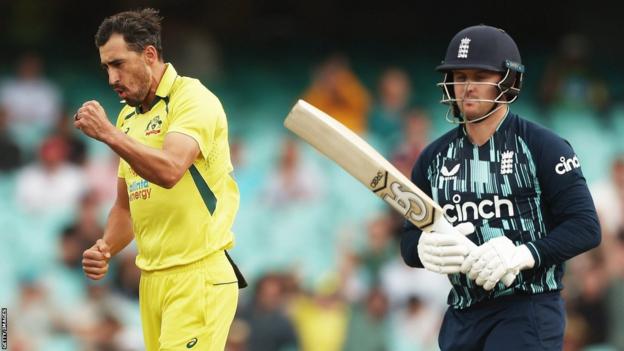 Australia's Mitchell Starc celebrates the wicket of England's Jason Roy in ODI in Sydney