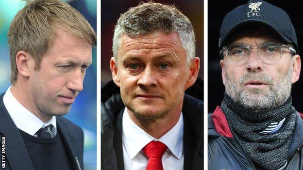 Brighton manager Graham Potter, Man Utd manager Ole Gunnar Solskjaer and Liverpool manager Jurgen Klopp