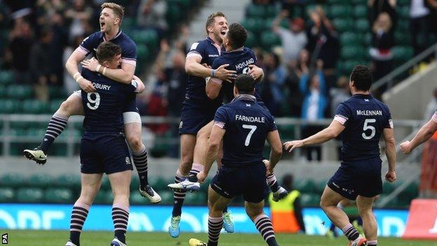 Scotland celebrate victory at the London Sevens